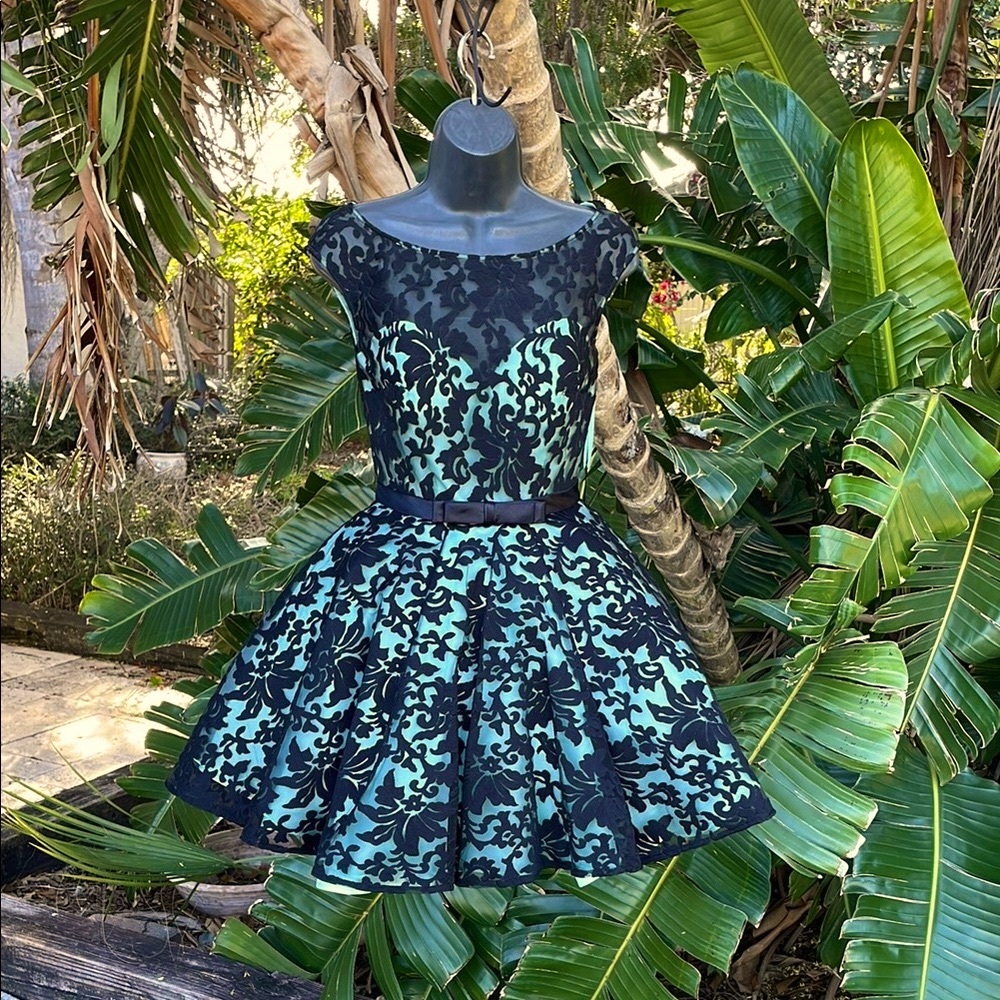 La Femme ballerina style dark floral lace mini dress